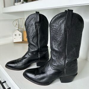 Nocona Black Leather Western Boots Custom Craft Stamp Intricate Stitching - 9.5